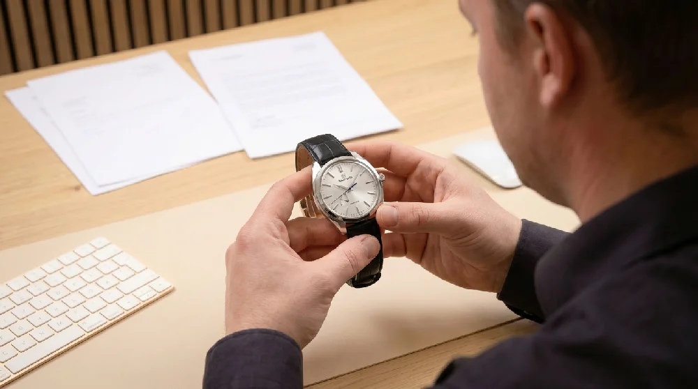 Persoon die een Grand Seiko Elegance horloge toont aan een medewerker van Vandaag Verpanden.