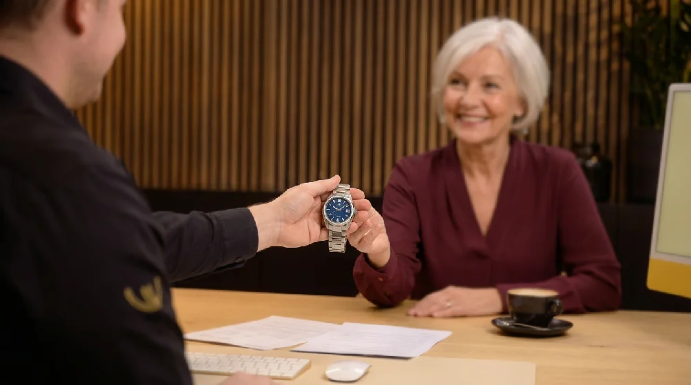 Man vult online formulier in voor horloge verpanding