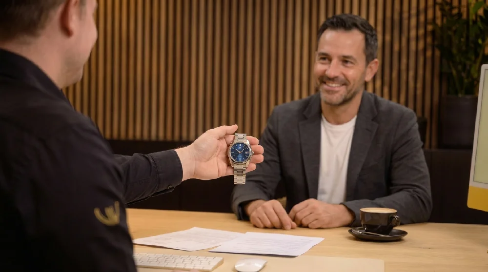 Man vult online formulier in op tablet voor taxatie Grand Seiko horloge
