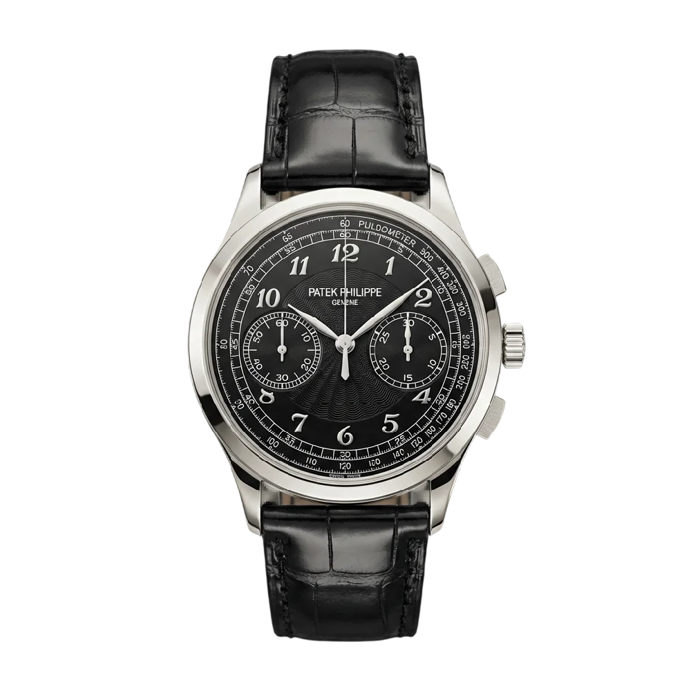 Patek Philippe Chronograph horloge met lederen band op een donkere achtergrond.