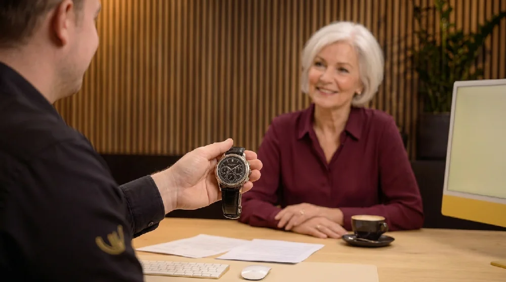 Man vult online formulier in voor horloge verpanding