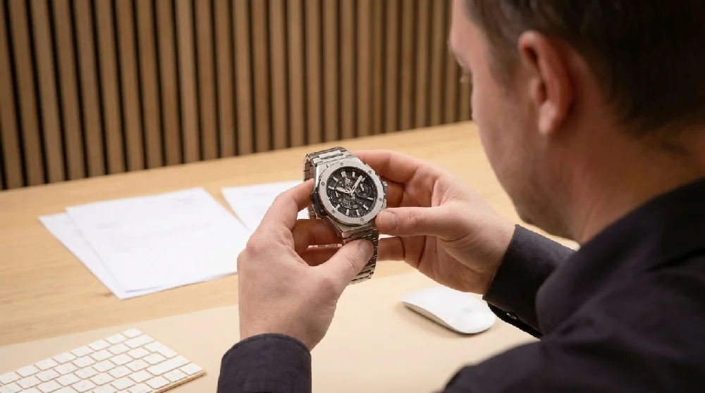 Horloge specialist inspecteert een Hublot Big Bang horloge nauwkeurig