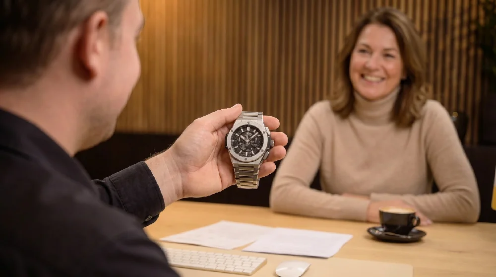 Man vult online formulier in voor taxatie van een Hublot Big Bang horloge