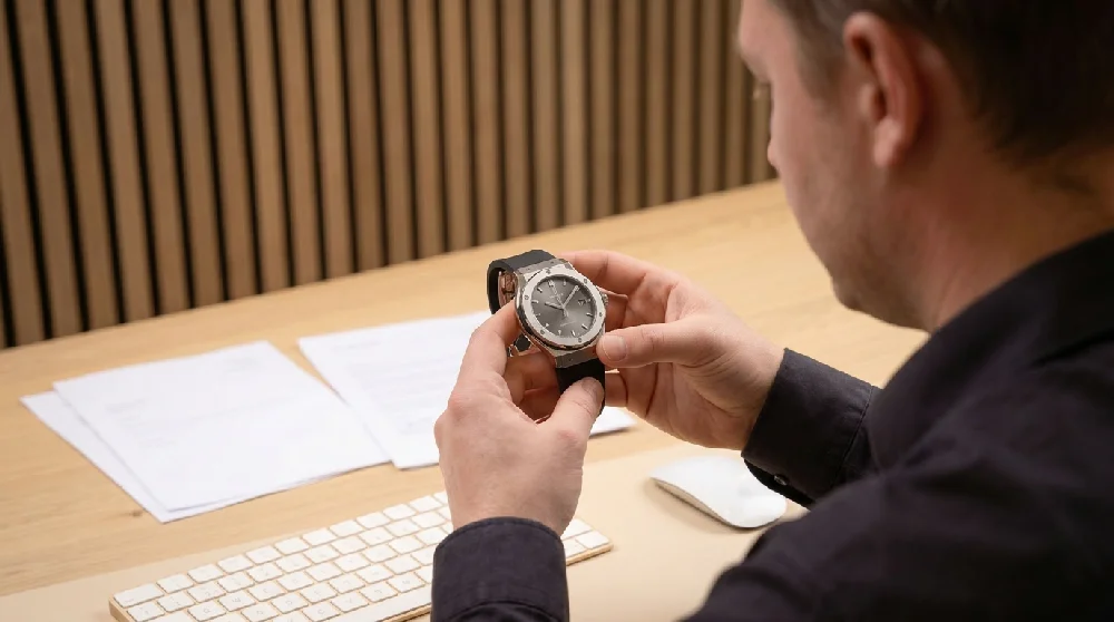 Expert van Vandaag Verpanden inspecteert een horloge met een loep