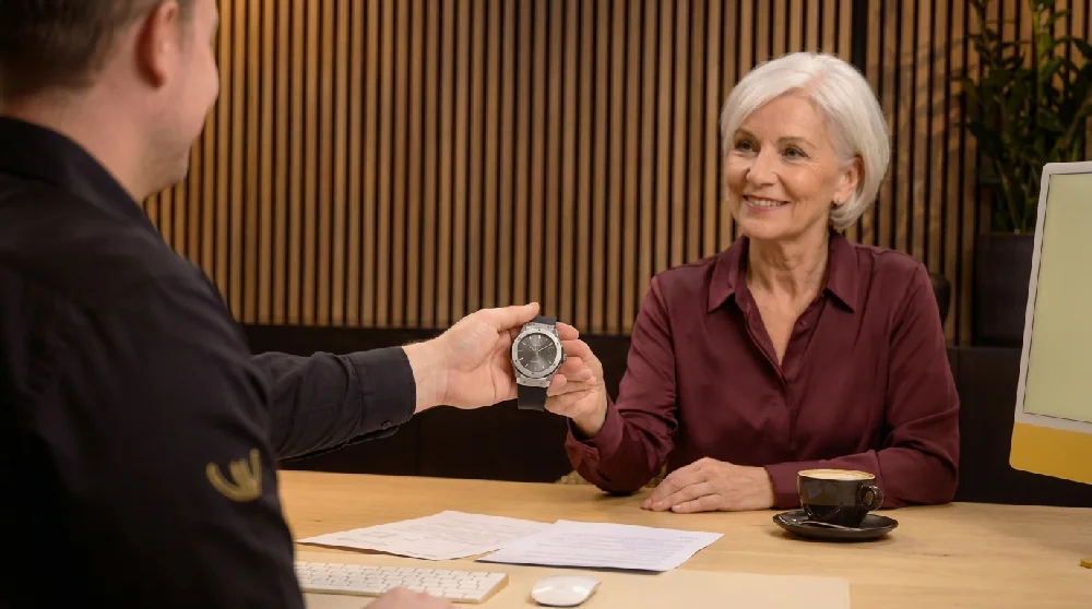Man vult een online formulier in op tablet voor horloge taxatie