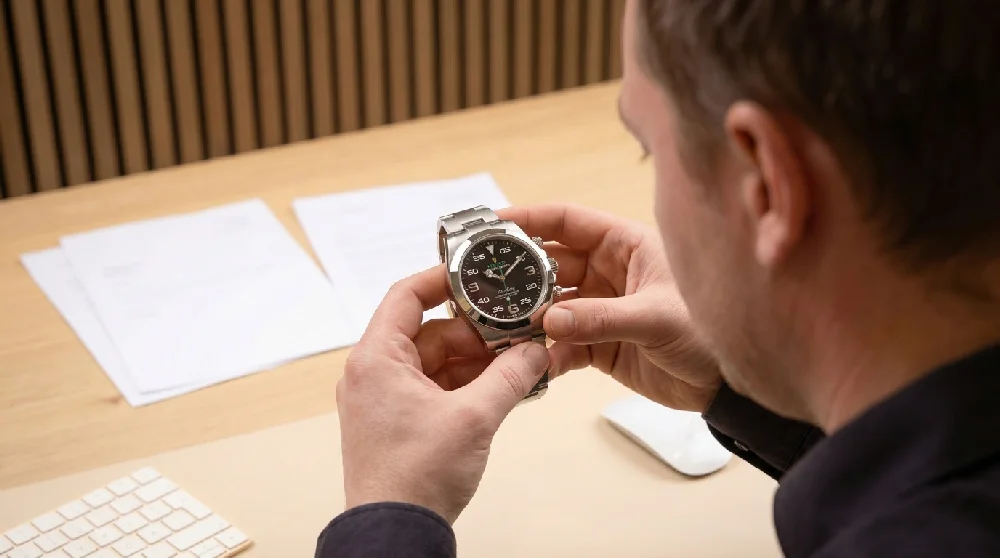 Horlogemaker die een Rolex Air-King inspecteert met een loep