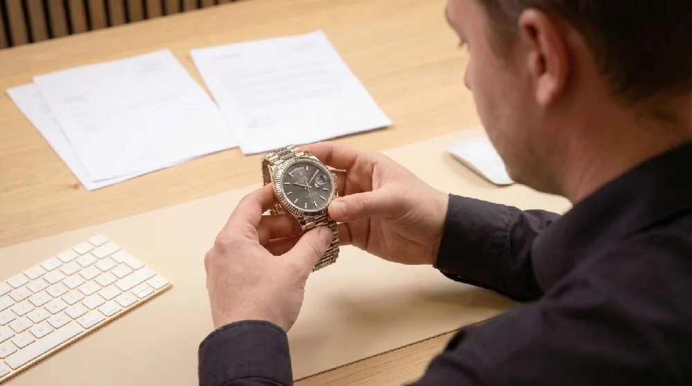 Horloge specialist inspecteert een Rolex Day-Date met een loep