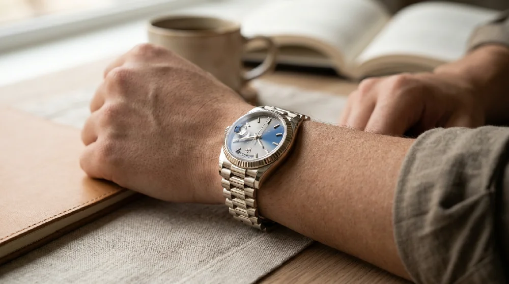 Beveiligde kluisdeur die op een kier staat met luxe horloges erin