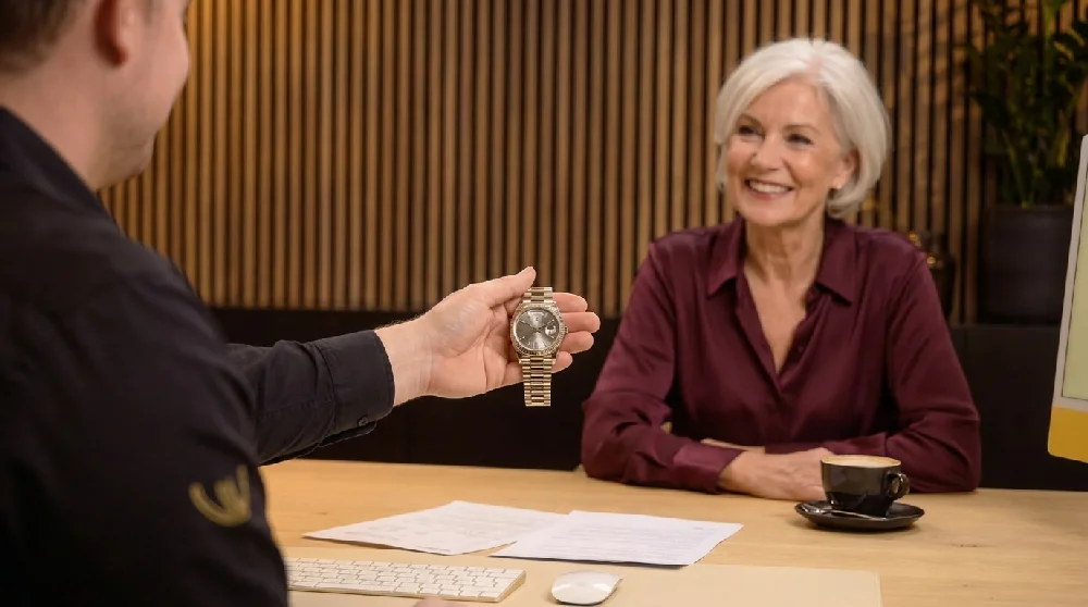 Persoon vult online formulier in voor taxatie van een Rolex Day-Date