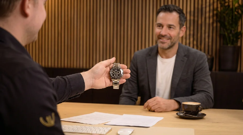Persoon vult online formulier in voor het verpanden van een Rolex Daytona