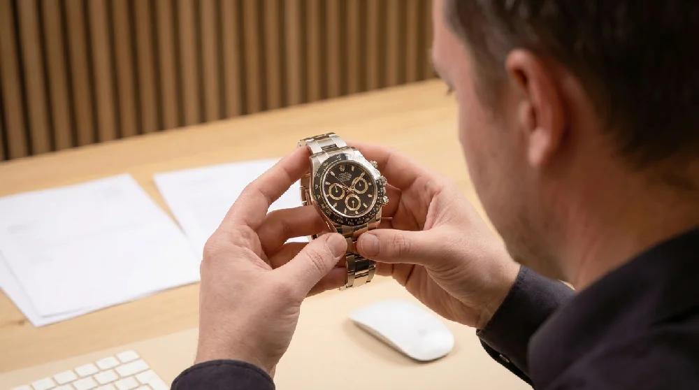 Horloge specialist taxeert een Rolex Daytona in een kantooromgeving