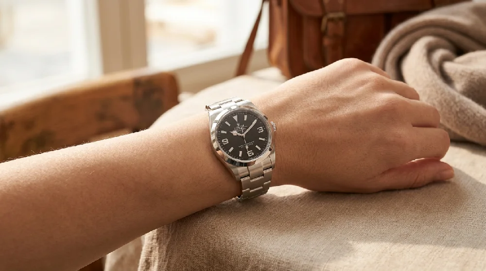 Rolex Explorer horloge veilig opgeborgen in een kluis met een certificaat van echtheid