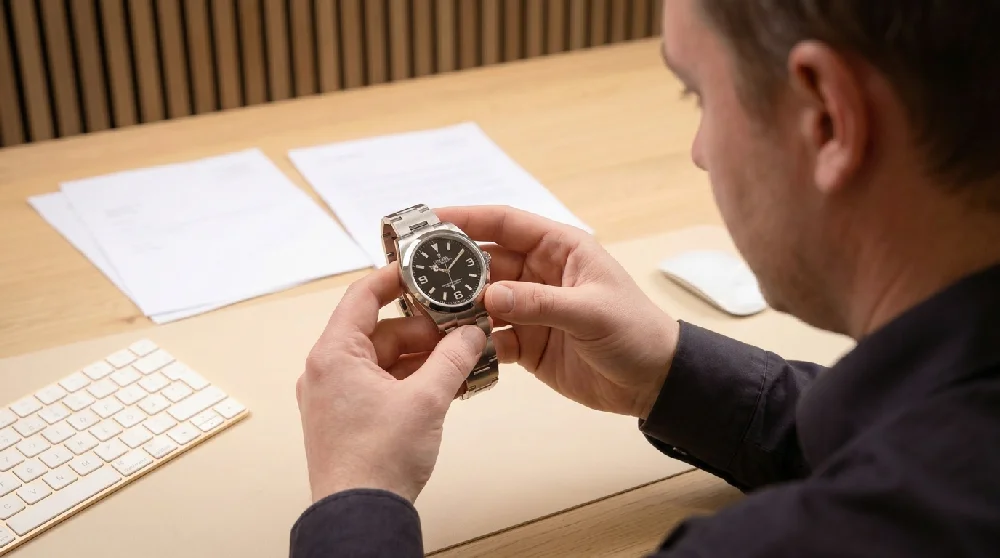 Horlogemaker taxeert een Rolex Explorer in een beveiligde omgeving
