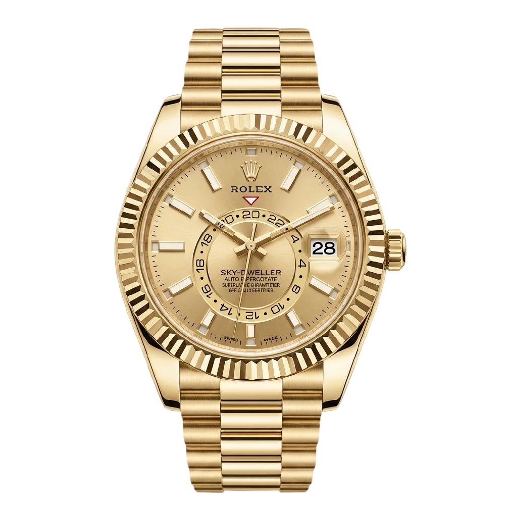 Een gouden Rolex Sky-Dweller horloge met blauwe wijzerplaat op een houten tafel