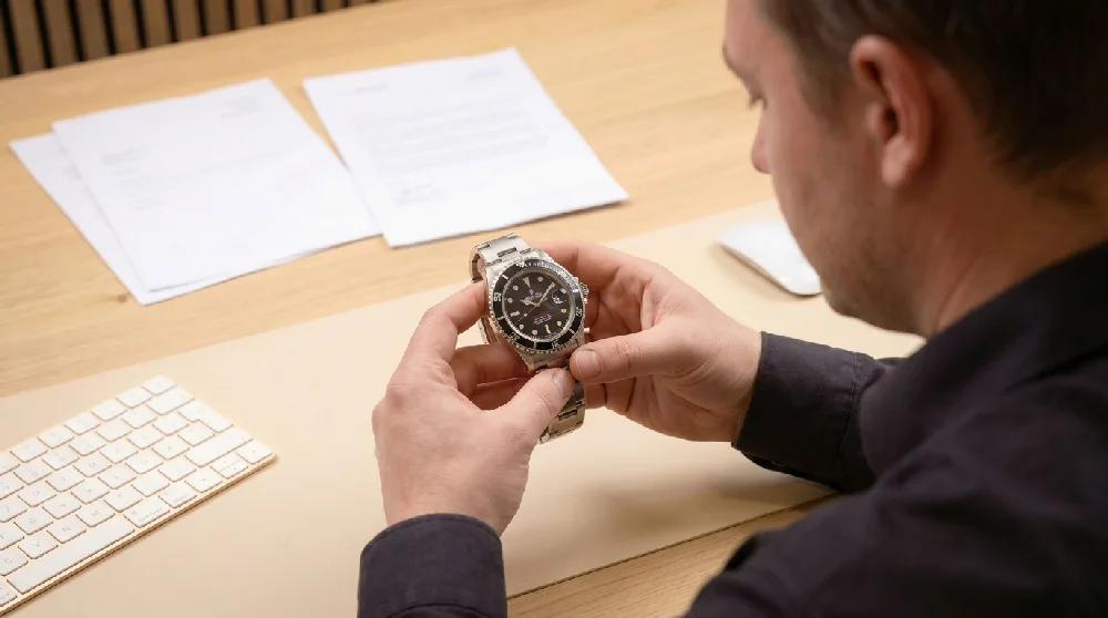 Vrouw overhandigt haar Rolex aan een medewerker voor persoonlijke taxatie.