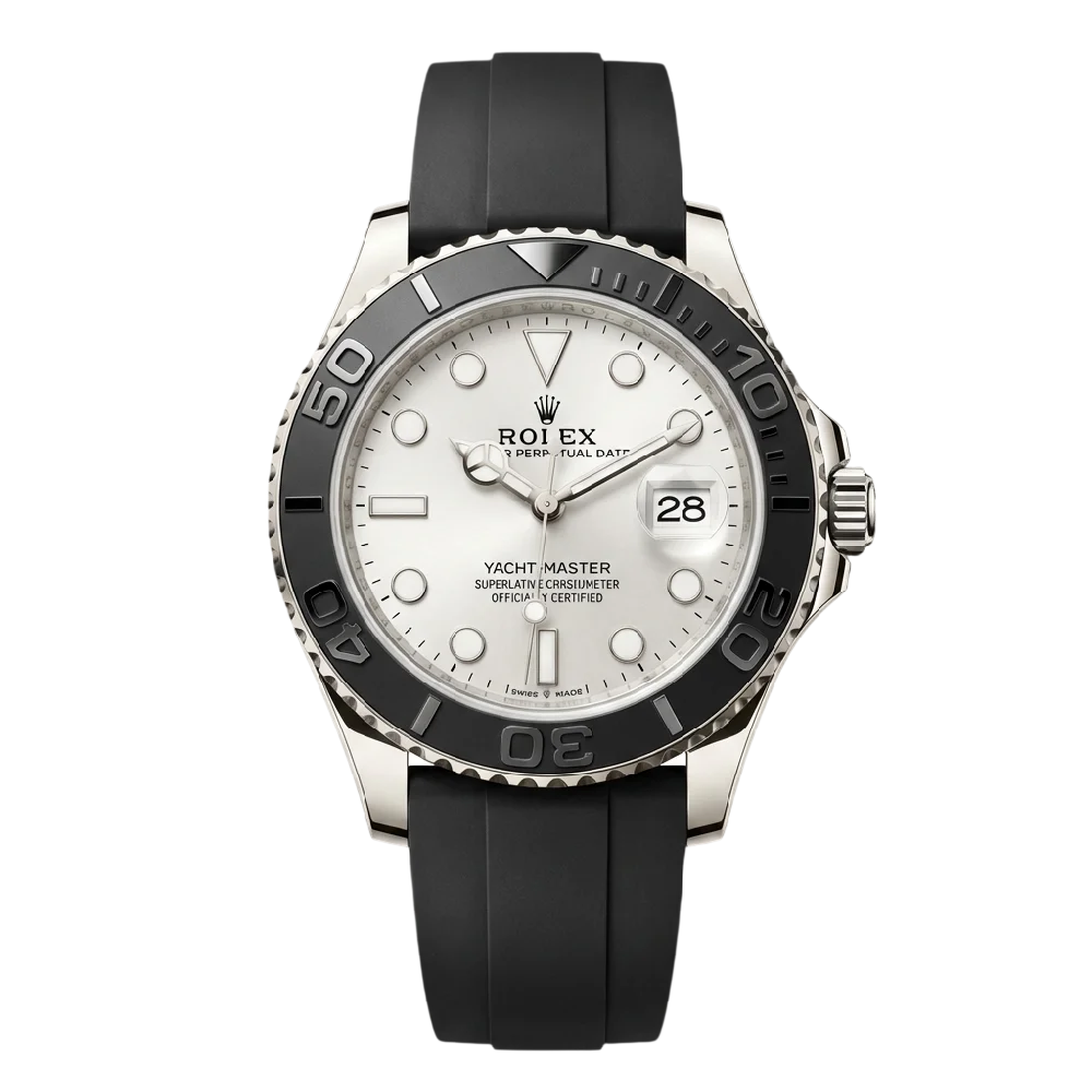 Luxe Rolex Yacht-Master horloge op een donkere achtergrond.