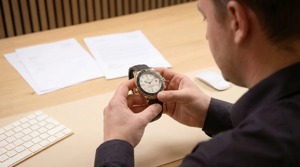 Horloogespecialist inspecteert een Rolex Yacht-Master.