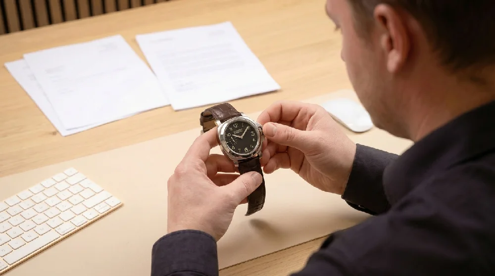 Horlogemaker inspecteert Panerai Radiomir met loep tijdens taxatie.