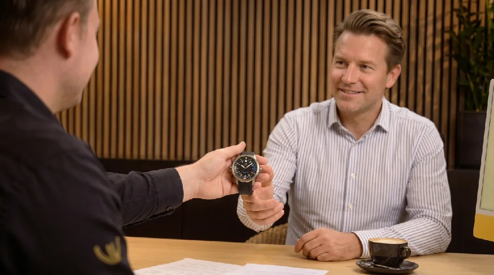 Een Aquatimer horloge op tafel, met een formulier ernaast om in te vullen