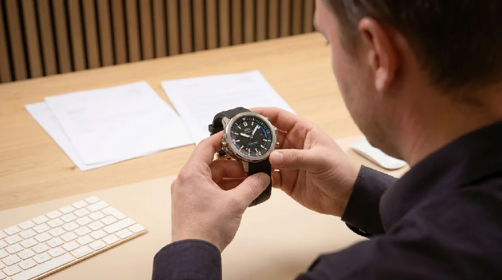 Handen van een specialist die een IWC Aquatimer horloge nauwkeurig inspecteert