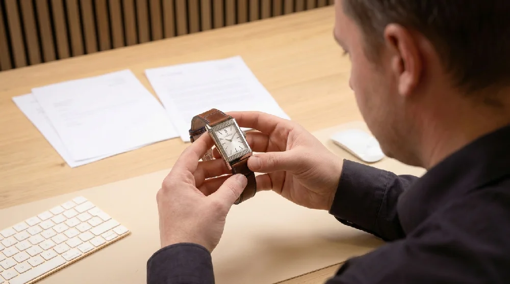 Close-up van horlogemaker die een Jaeger-LeCoultre Reverso horloge taxeert op echtheid