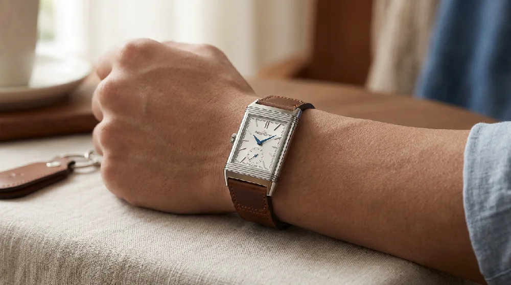 Een Jaeger-LeCoultre Reverso horloge veilig opgeborgen in een kluis met dikke wanden