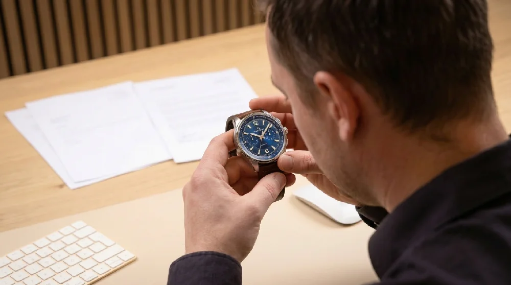 Vrouw overhandigt horloge aan taxateur voor de keuring