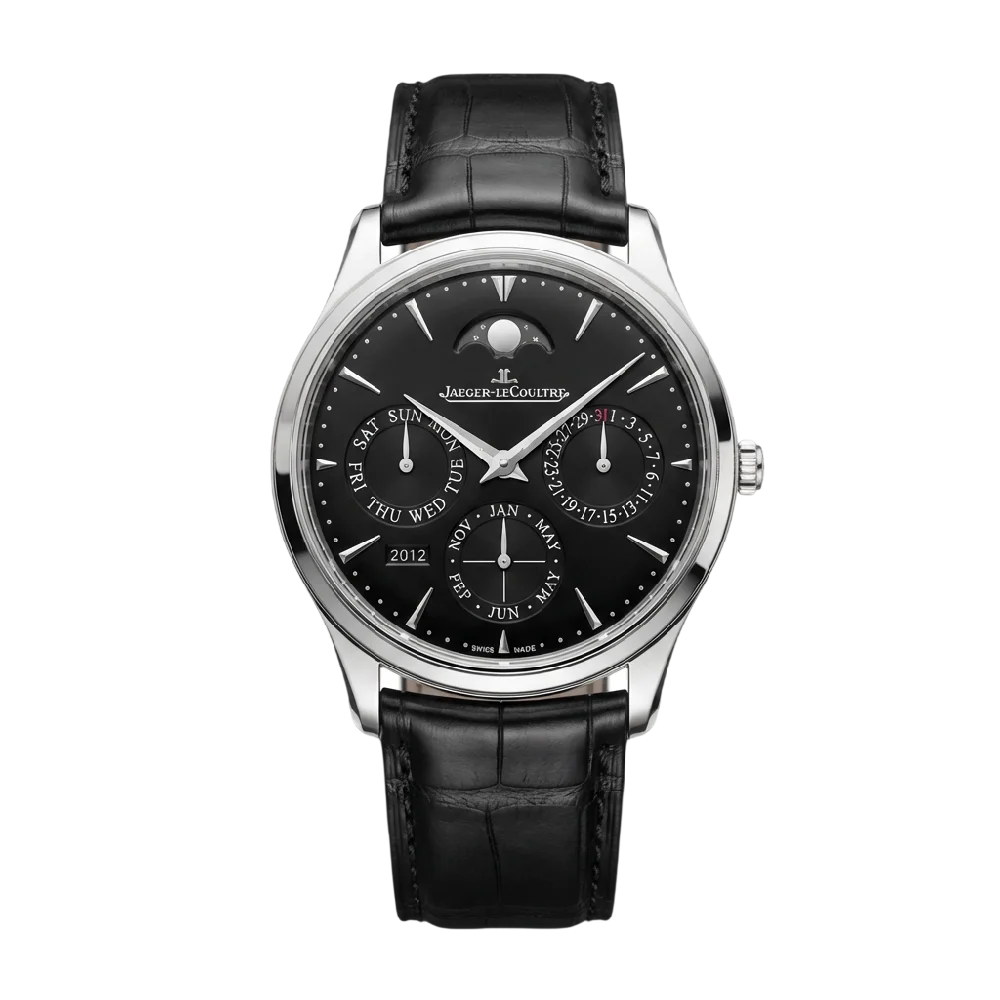 Close-up van een klassieke Jaeger-LeCoultre Master horloge met lederen band