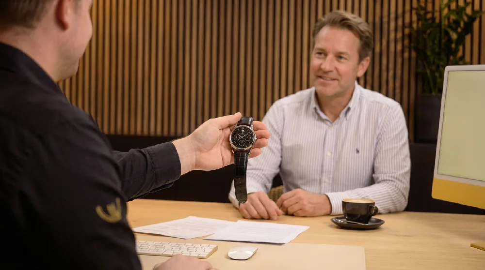 Persoon vult online formulier in op tablet voor horloge verpanding