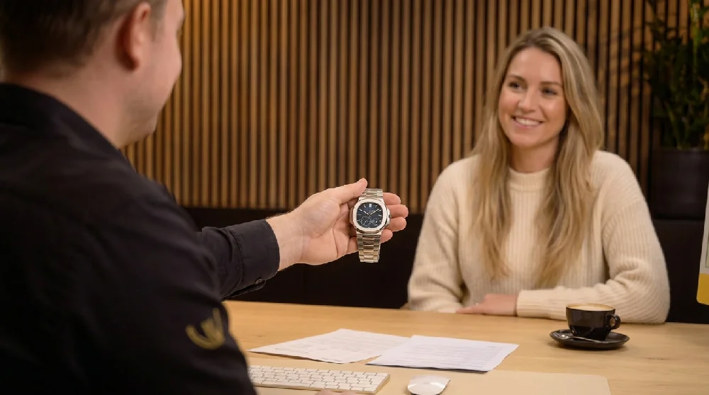 Man vult online formulier in op laptop voor Patek Philippe Nautilus taxatie