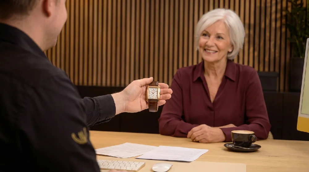 Man vult formulier in op tablet voor een Patek Philippe Gondolo verpanding.