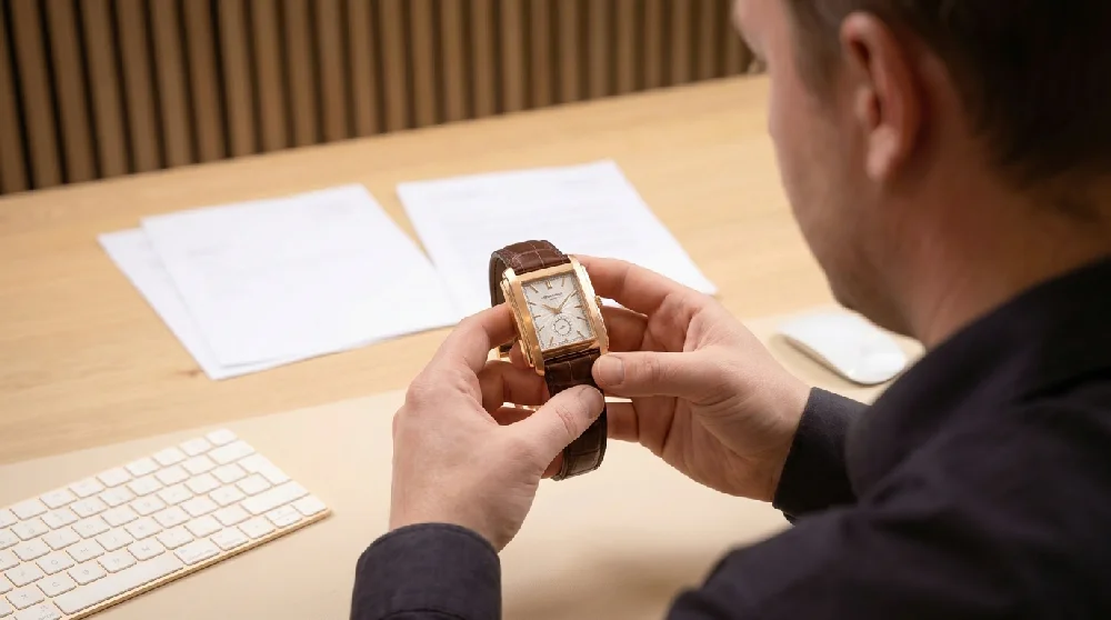 Taxateur inspecteert een Patek Philippe Gondolo zorgvuldig met loep.