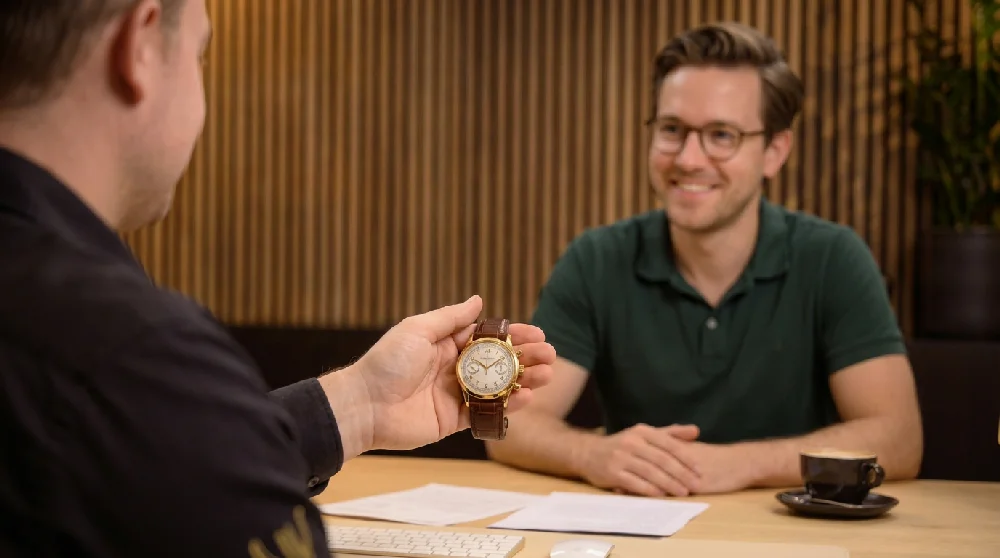 Man vult online formulier in op tablet voor taxatie van horloge