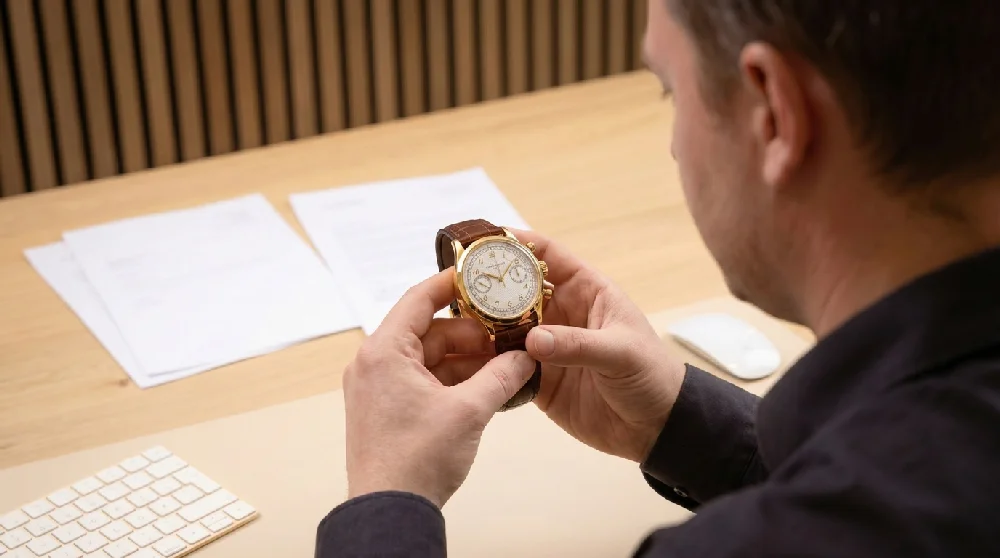 Juwelier inspecteert Patek Philippe Calatrava horloge met loep