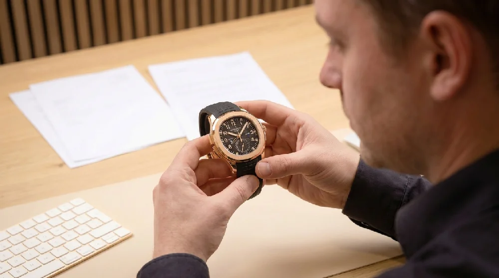 Detailfoto van horlogemaker die een Patek Philippe Aquanaut inspecteert.
