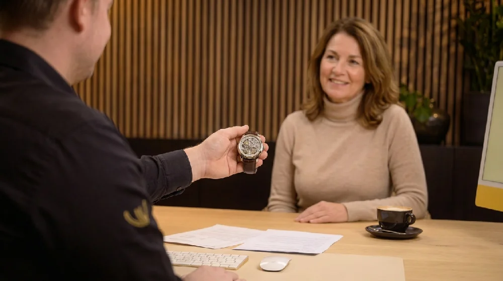 Man vult online formulier in voor Greubel Forsey verpanding