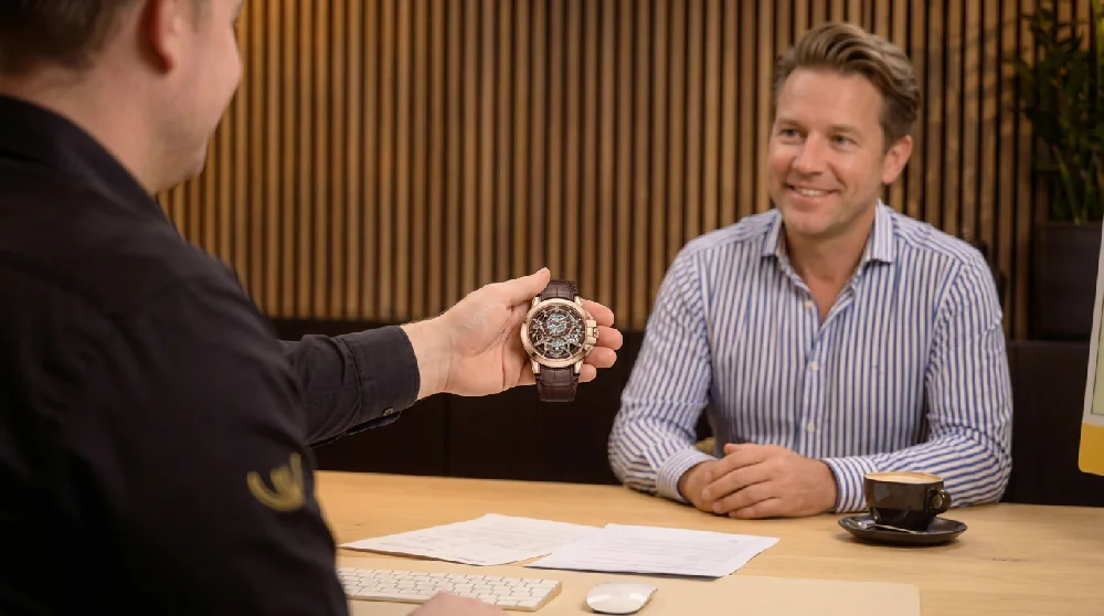 Een professioneel adviesgesprek aan een bureau met een laptop