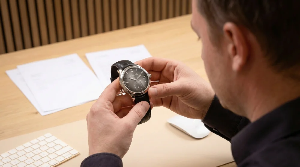 Een horloge-expert inspecteert zorgvuldig een H. Moser & Cie Endeavour horloge tijdens een taxatie.