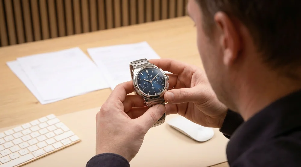 Horlogemaker die een H. Moser & Cie Streamliner horloge taxeert op waarde