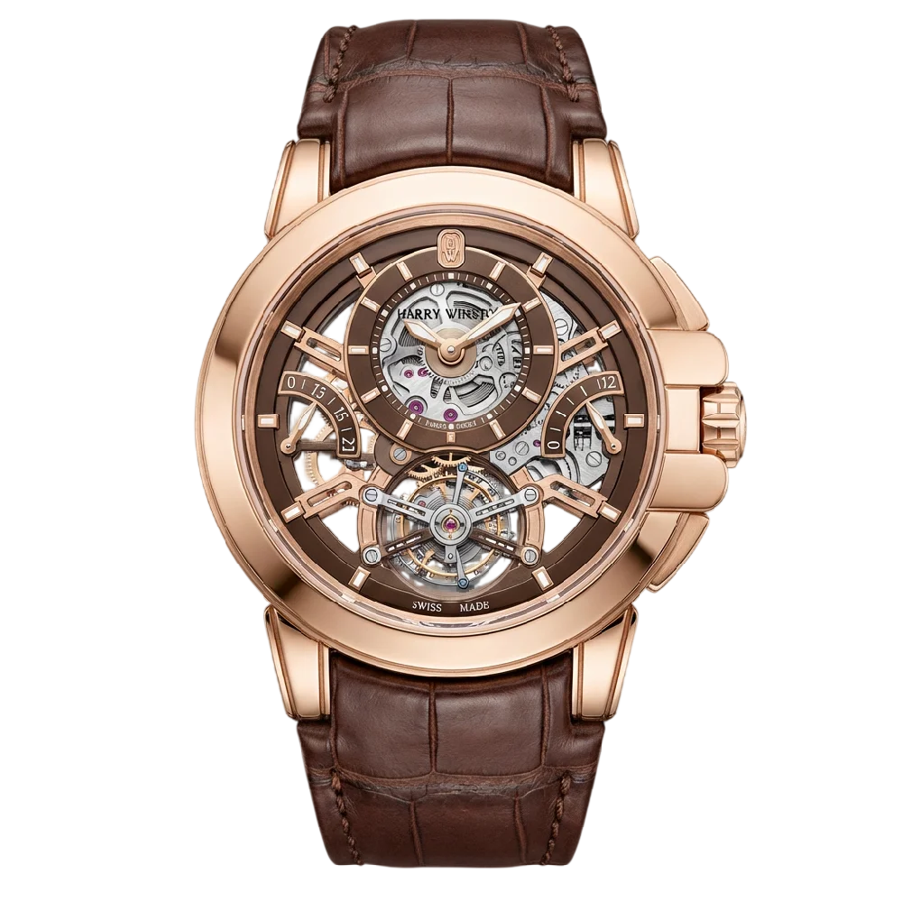 Close-up van een Harry Winston Ocean horloge. Goud met diamanten.