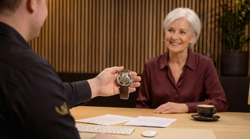 Man vult online formulier in voor MB&F horloge verpanden