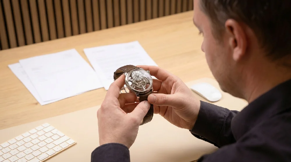 Handen schudden bij een bureau, na het maken van een afspraak voor horloge taxatie.