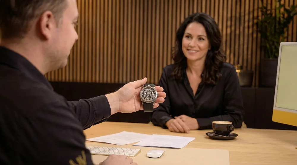 Man vult online formulier in voor taxatie van een MB&F Horological Machine