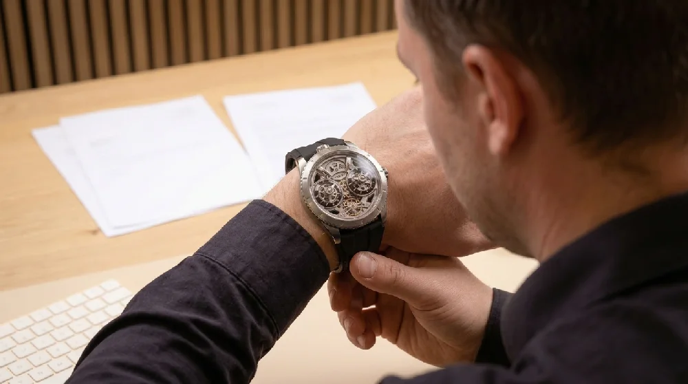 Horlogemaker inspecteert een MB&F Horological Machine tijdens een afspraak