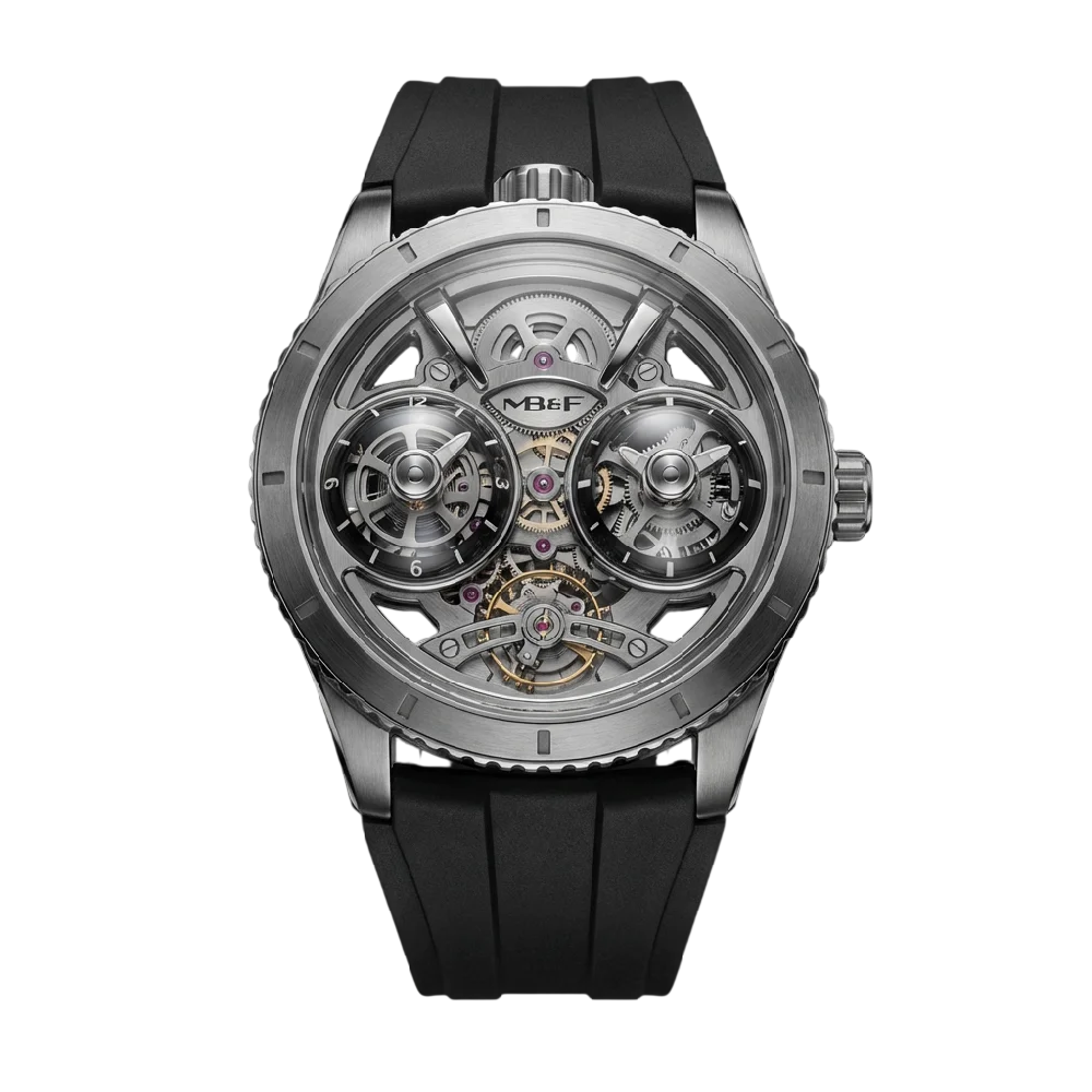Close-up van een MB&F Horological Machine horloge met complexe wijzerplaat