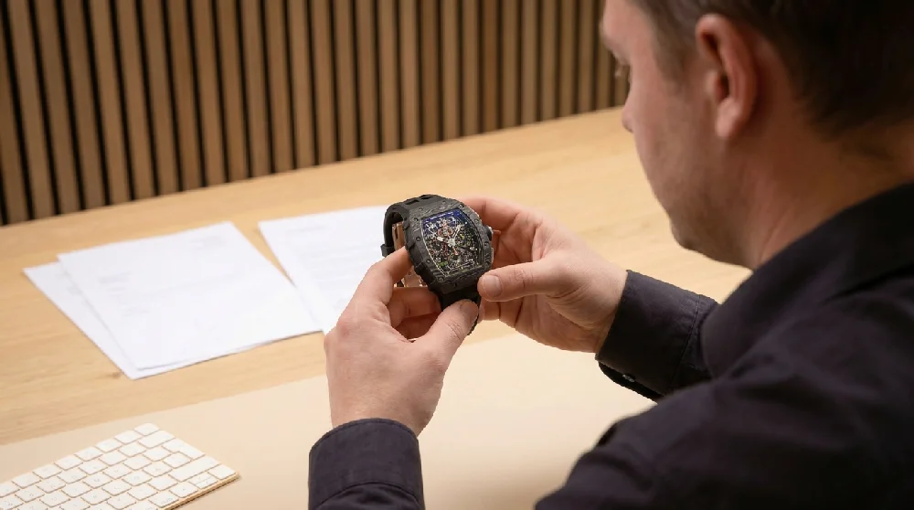 Horlogemaker taxeert Richard Mille RM 11 horloge met loep.