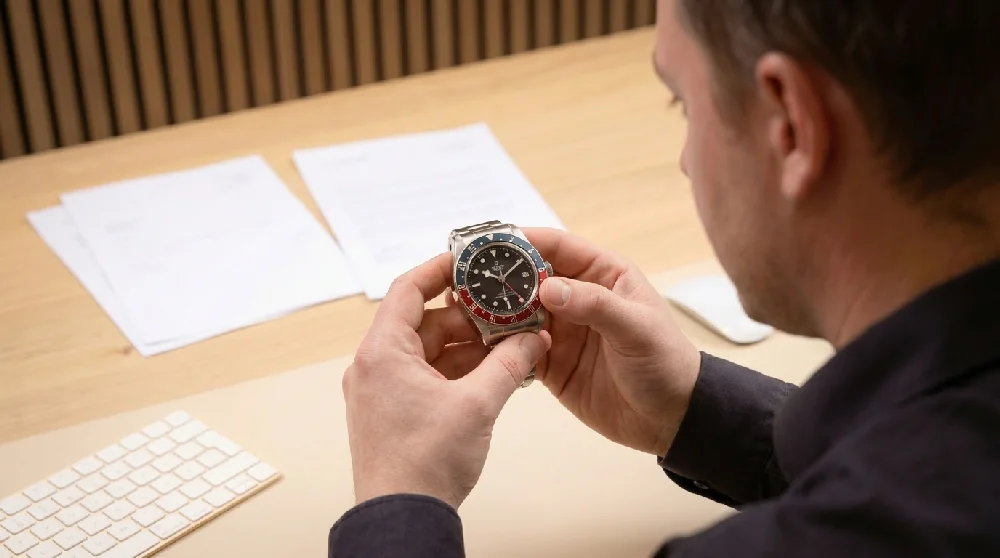 Een medewerker inspecteert een horloge met een loep, met een klant die toekijkt