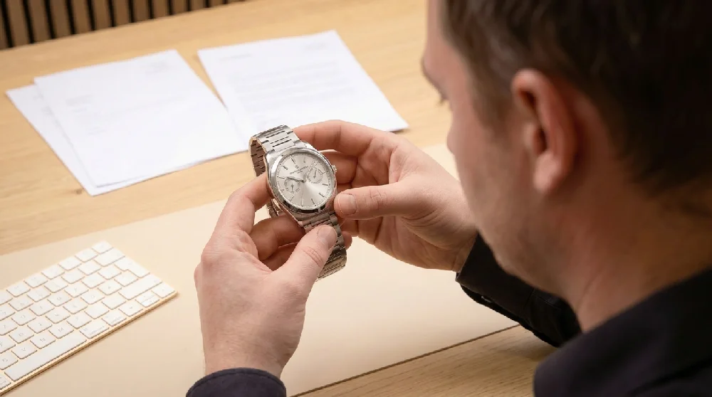 Expert taxateur die een Vacheron Constantin Fiftysix horloge beoordeelt