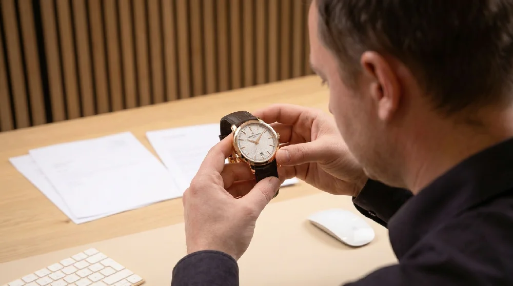 Vrouw overhandigt Vacheron Constantin Patrimony voor taxatie aan expert