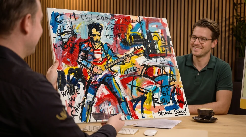 Kleurrijk en dynamisch kunstwerk van Herman Brood met felle verfspatten en figuren